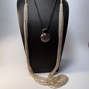 Chan Luu Necklace Multistrand Beaded Silver Spoon Pendant Onyx Stone California